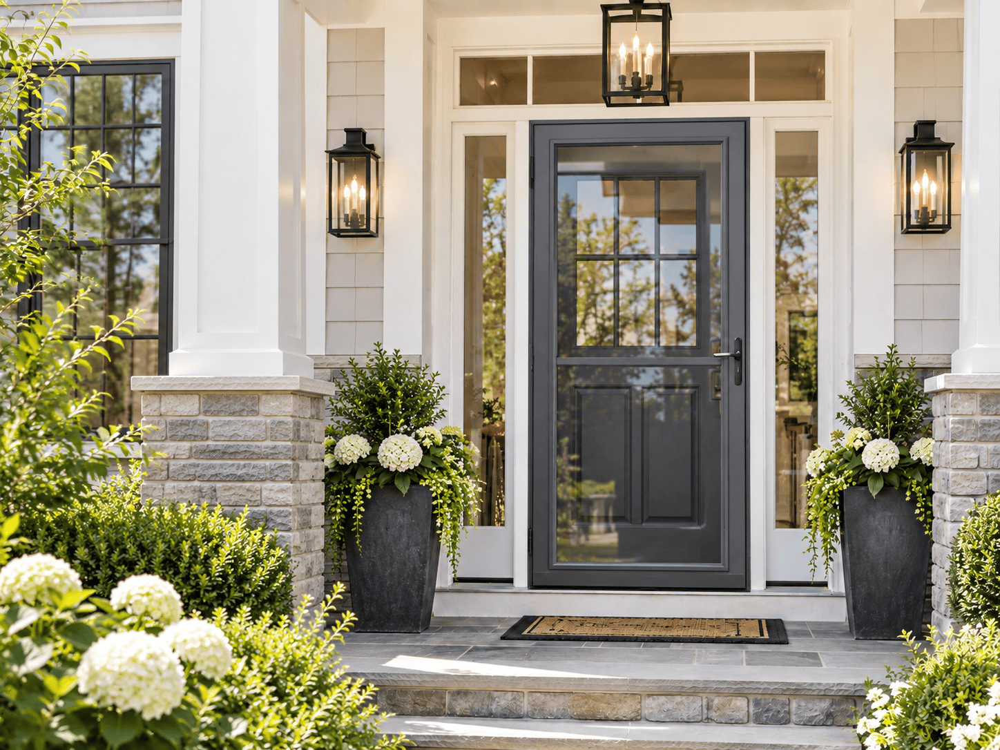 Black-framed glass storm door installed in front of a home's main entry door.