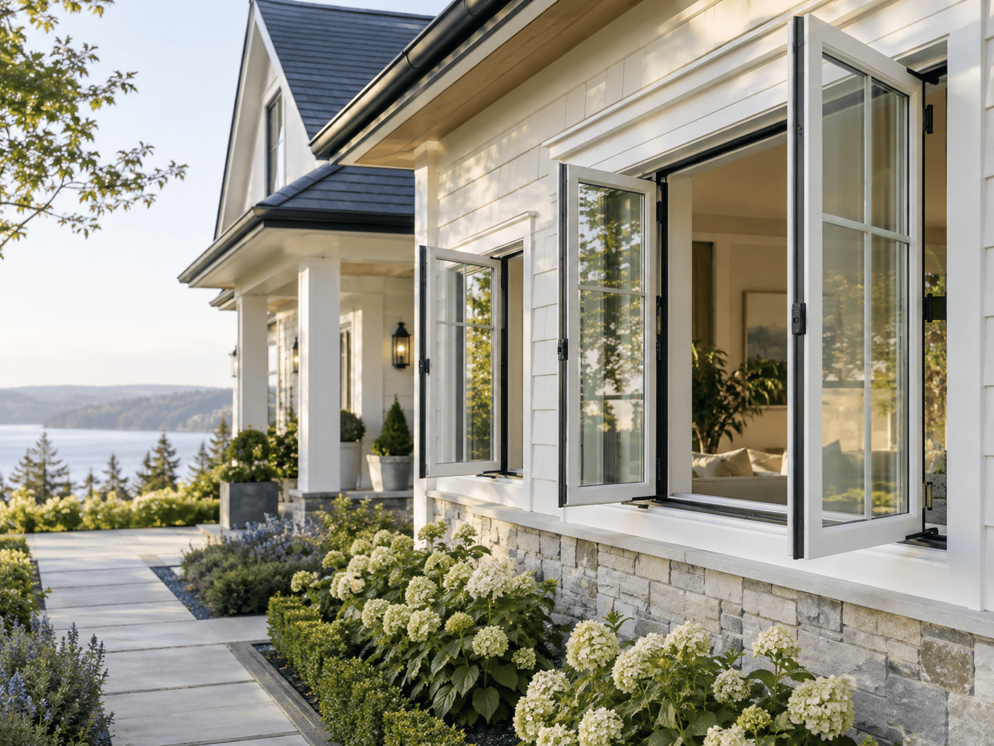 White-framed casement windows opening outward on a modern home exterior.