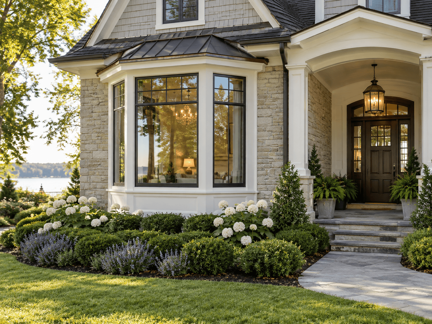 Home exterior featuring a projecting bay window with black frames and decorative stonework.