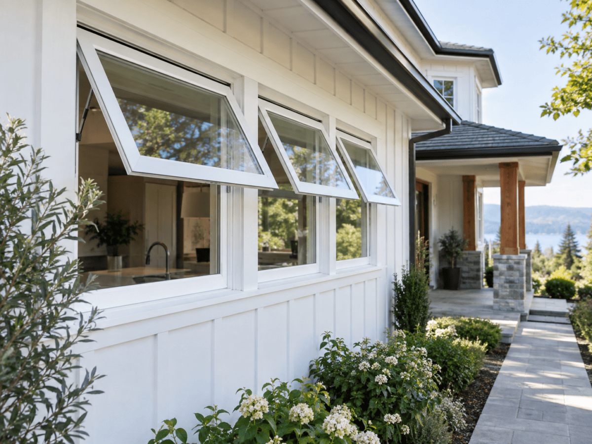 White awning windows opening outward from a residential home exterior.