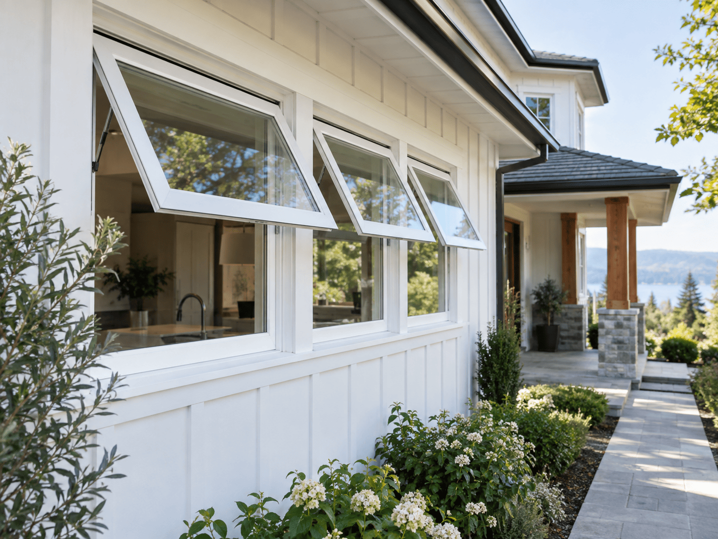 White awning windows opening outward from a residential home exterior.