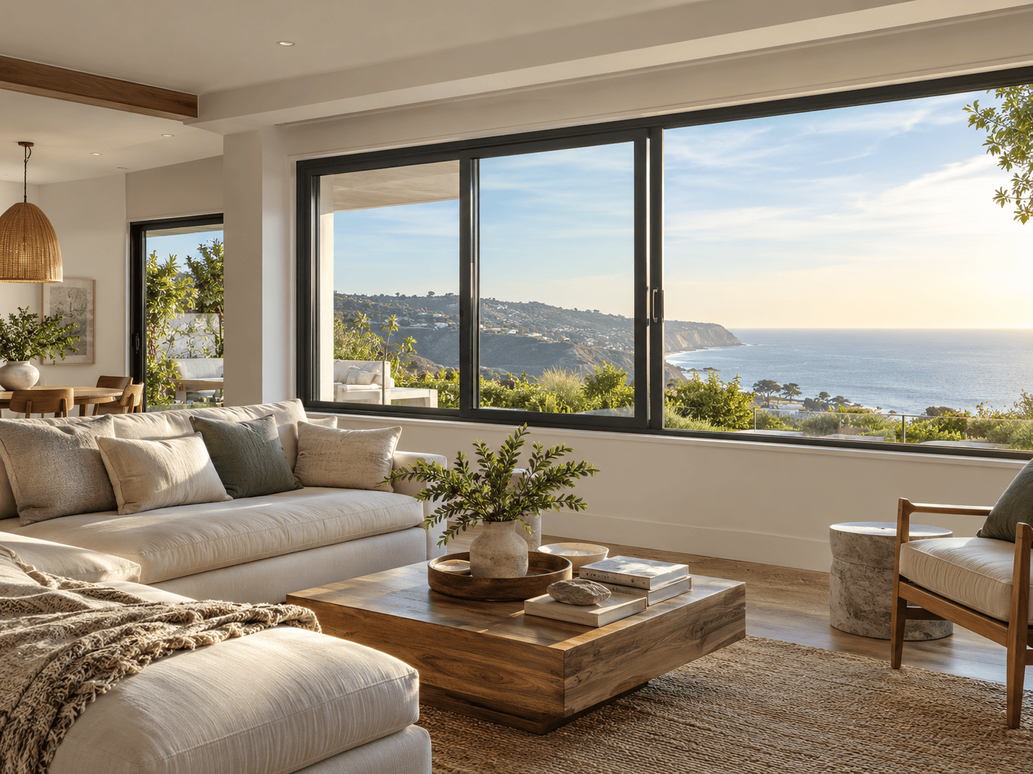 Spacious living room featuring large black-framed sliding windows with an outdoor view.