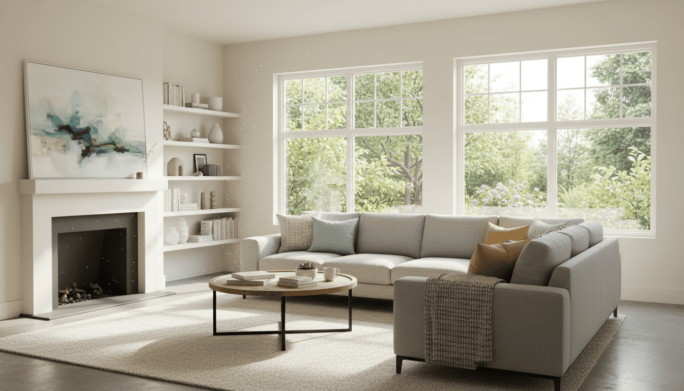 Bright living room with large windows showcasing residential window and door replacement options