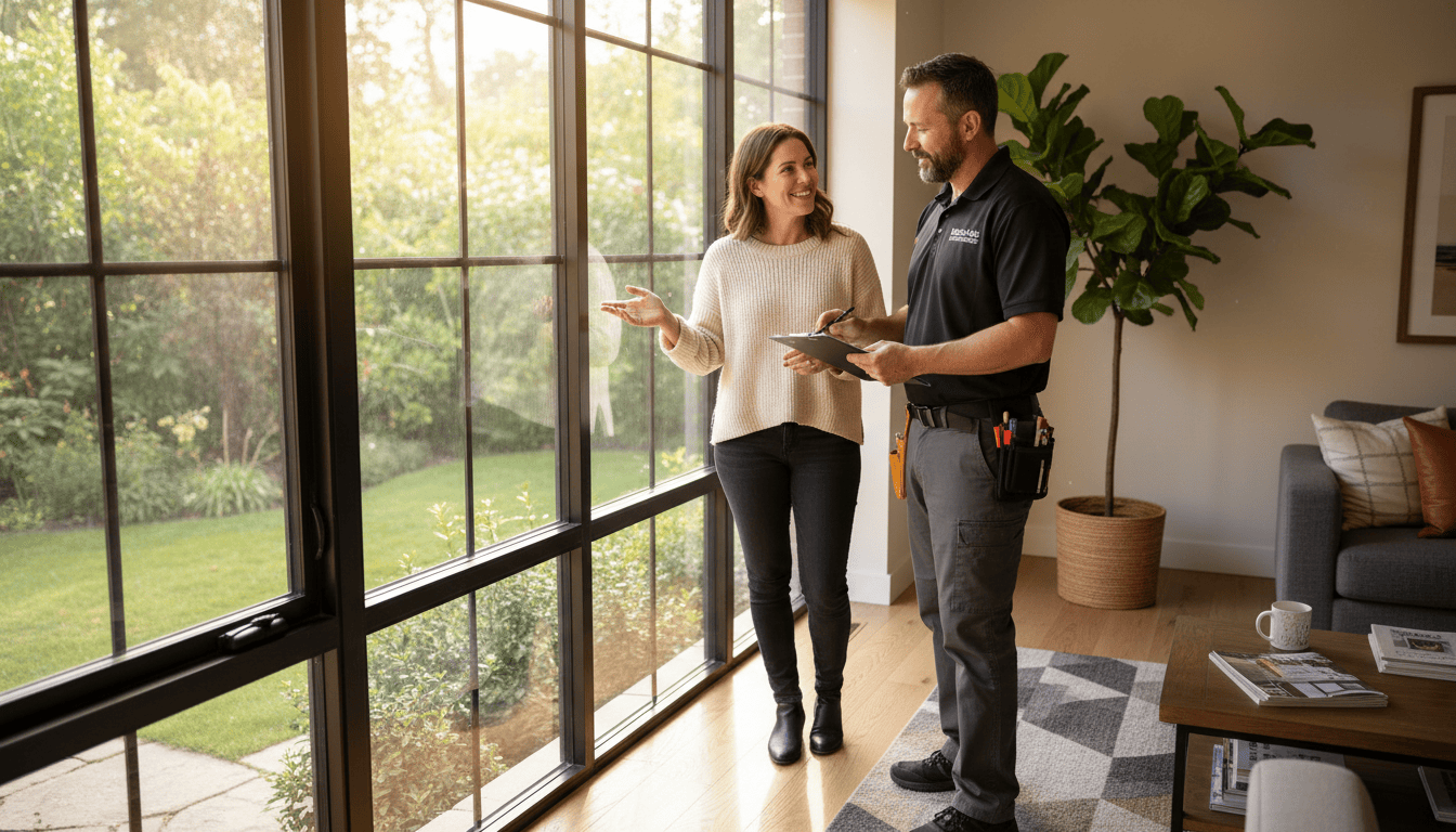 Window and door replacement specialist discussing installation options with a homeowner beside large glass windows