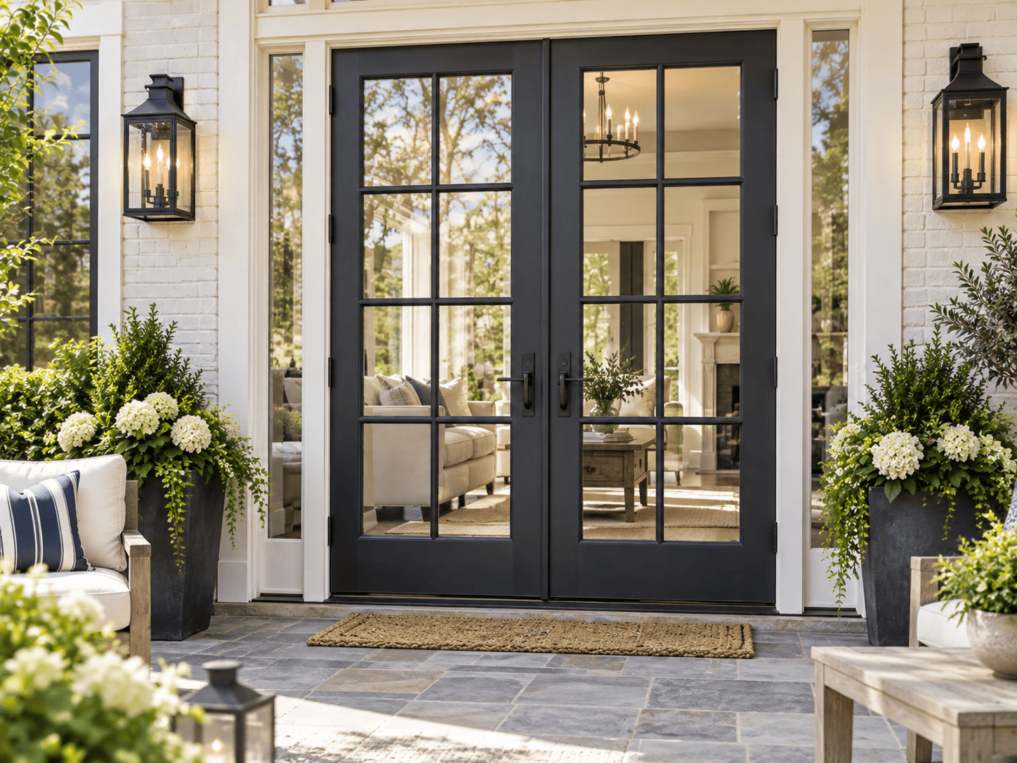 Black-framed double French doors with glass panels at a residential entrance.