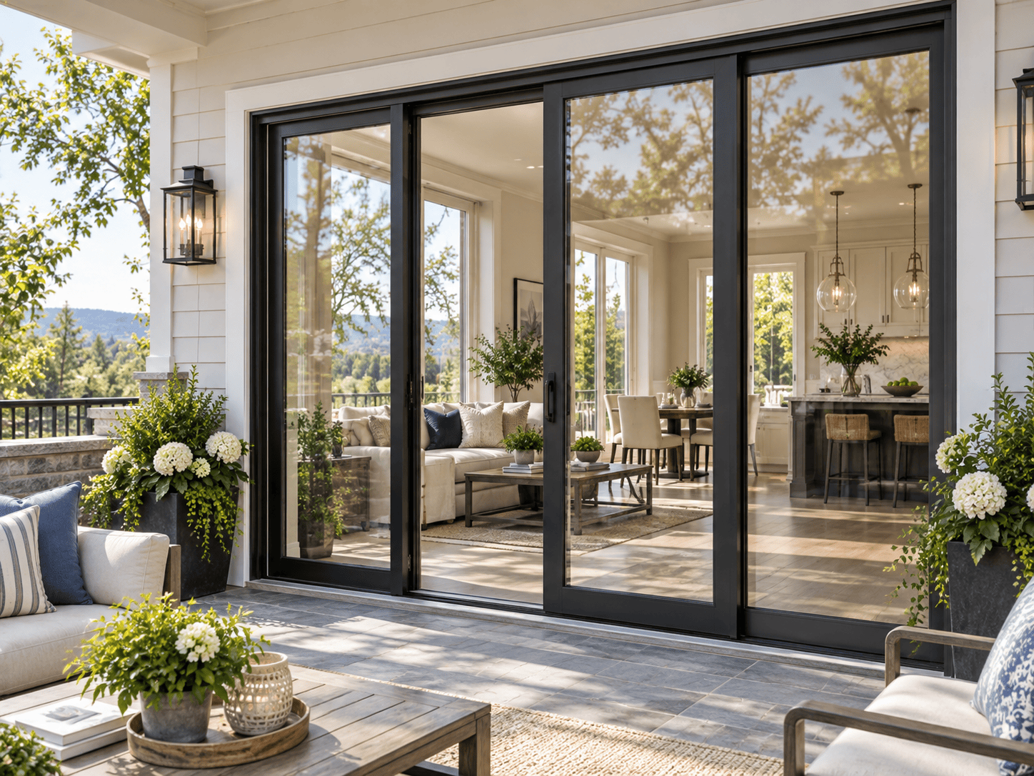 Large black-framed glass patio doors connecting a home to an outdoor living area.