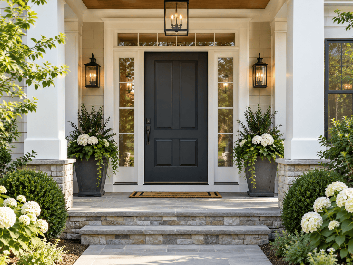 Black front entry door with decorative glass sidelights and a covered entrance.