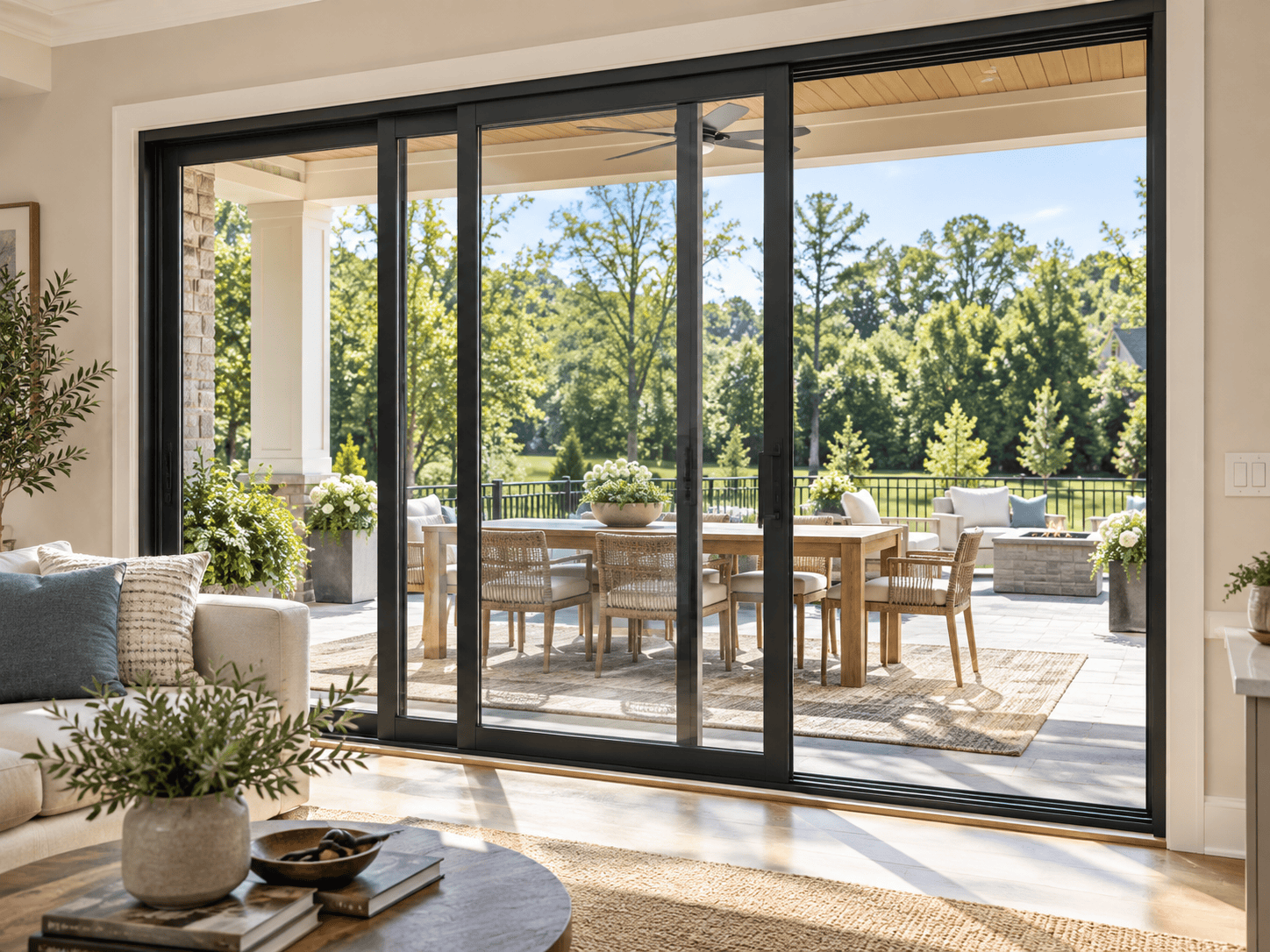 Black-framed sliding glass doors opening to a patio with outdoor seating.