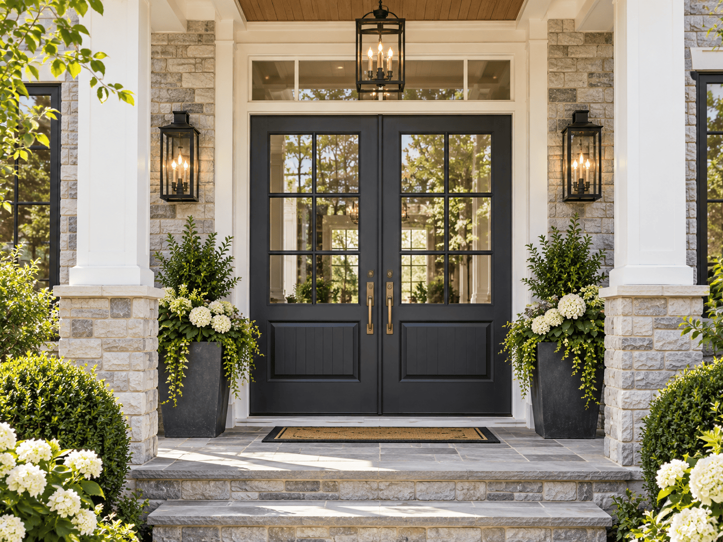 Black double entry doors with decorative glass panels and matching exterior lighting.