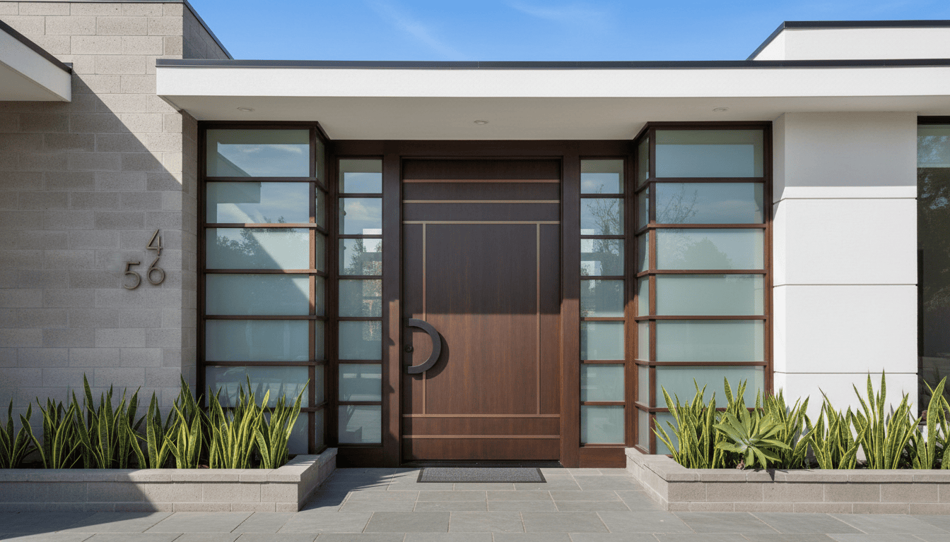 Modern home entrance featuring a contemporary front door and glass sidelights for window and door replacement