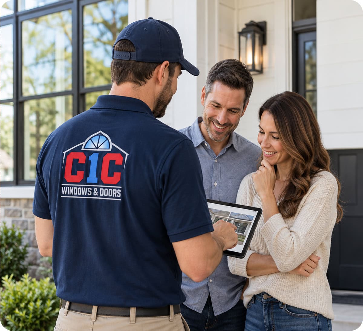 Representative from a Northern Virginia window and door company discussing window and door options with homeowners