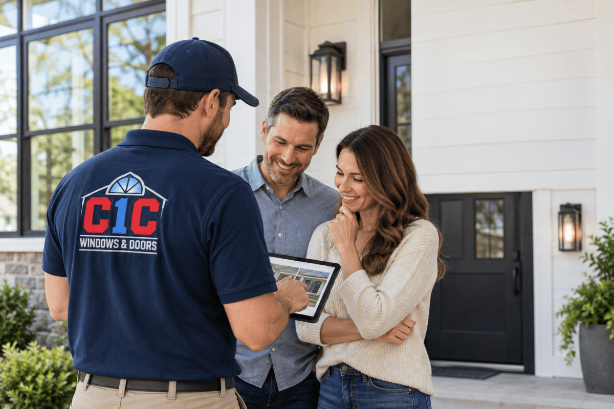 C1C team member speaking with homeowners for window and door company reviews
