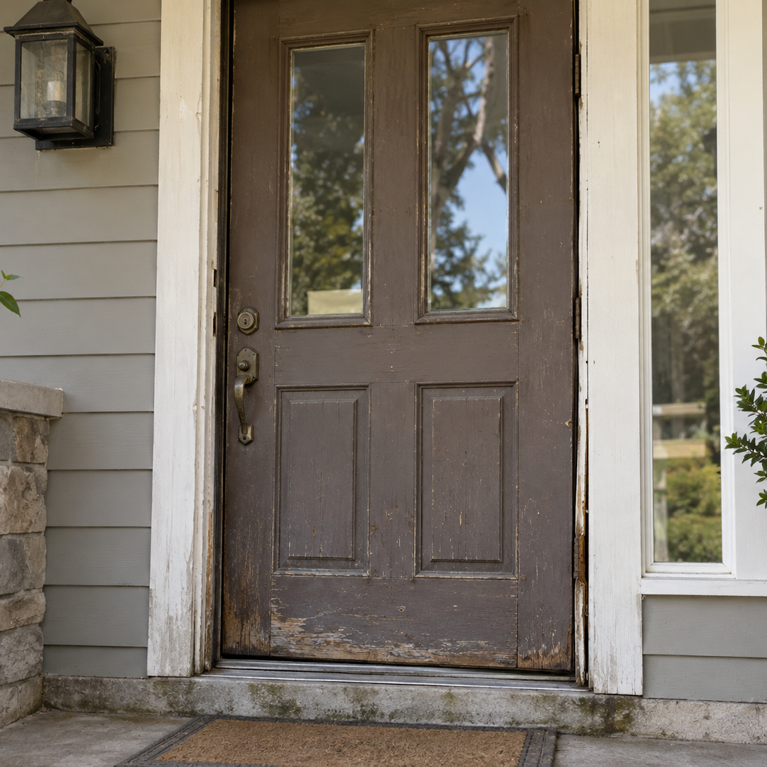 Weathered wooden front door with peeling paint and visible deterioration indicating the need for door replacement.