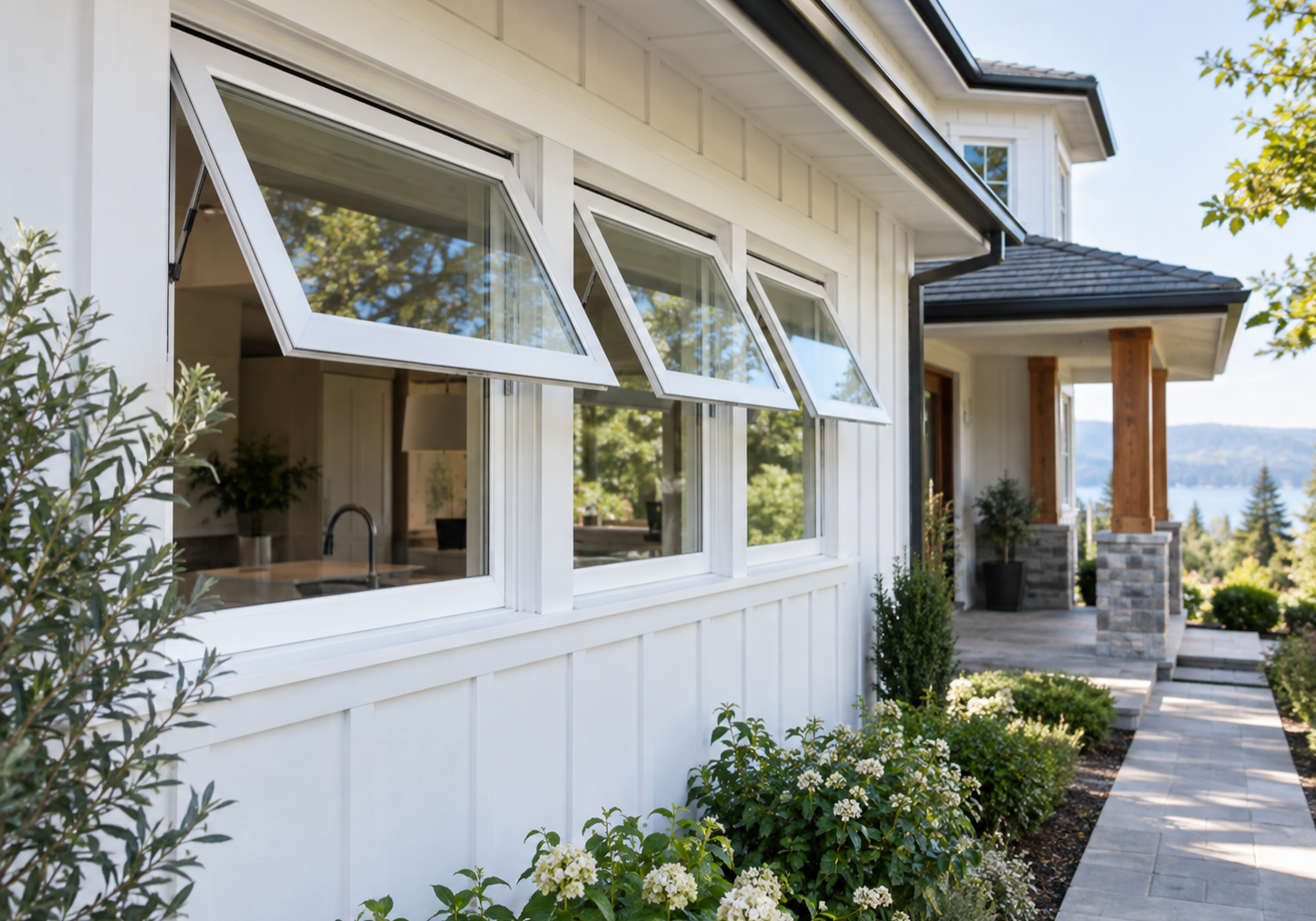 White awning windows opening outward from a residential home exterior.