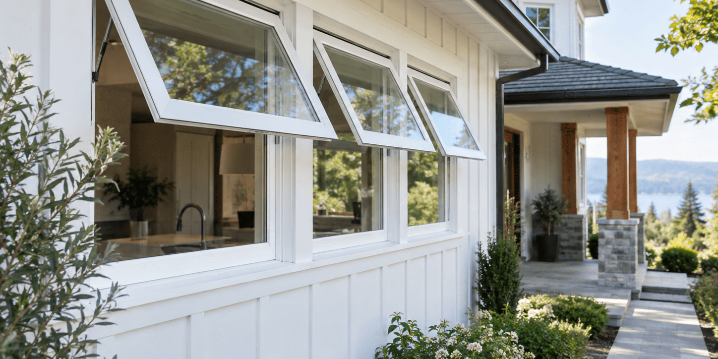 White awning windows opening outward from a residential home exterior.