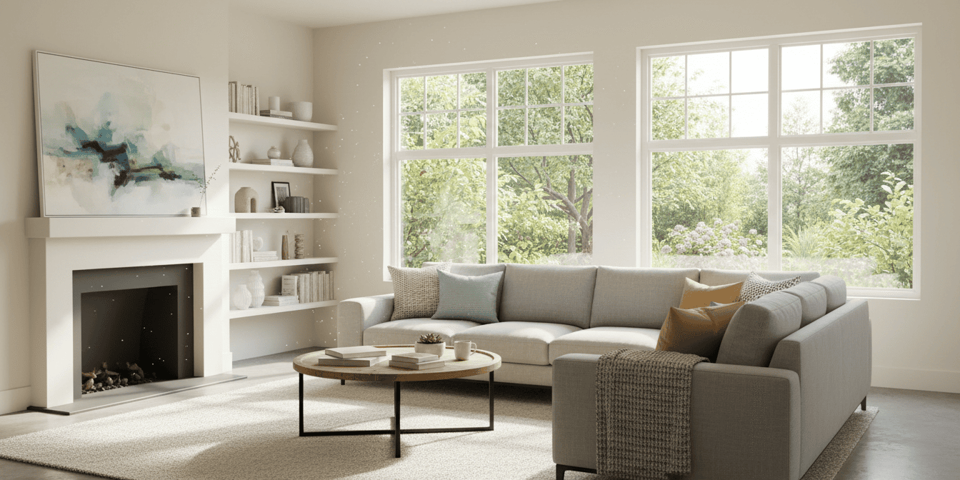 Bright living room with large windows showcasing residential window and door replacement options