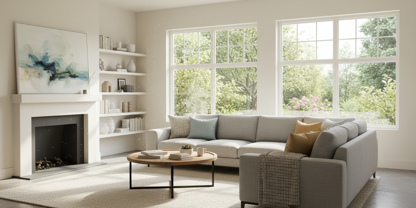 Bright living room with large windows showcasing residential window and door replacement options