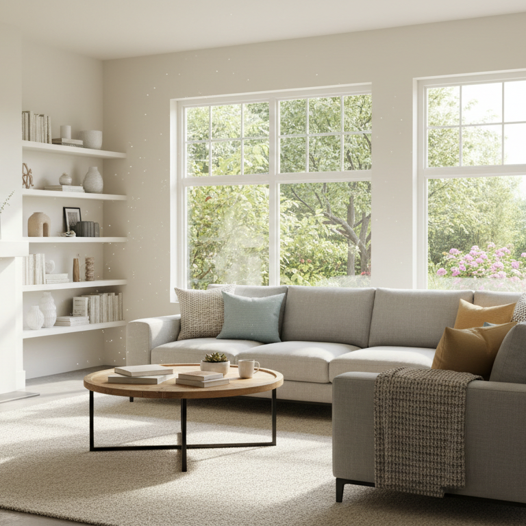 Bright living room with large windows showcasing residential window and door replacement options