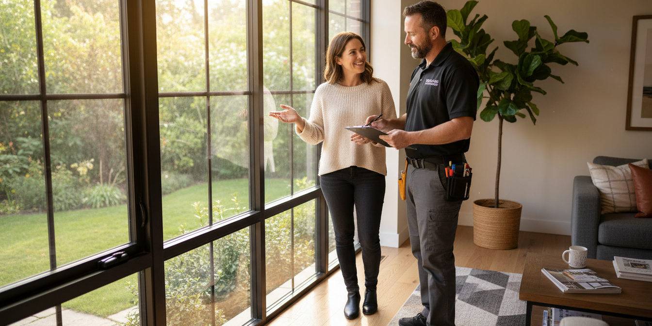Window and door replacement specialist discussing installation options with a homeowner beside large glass windows