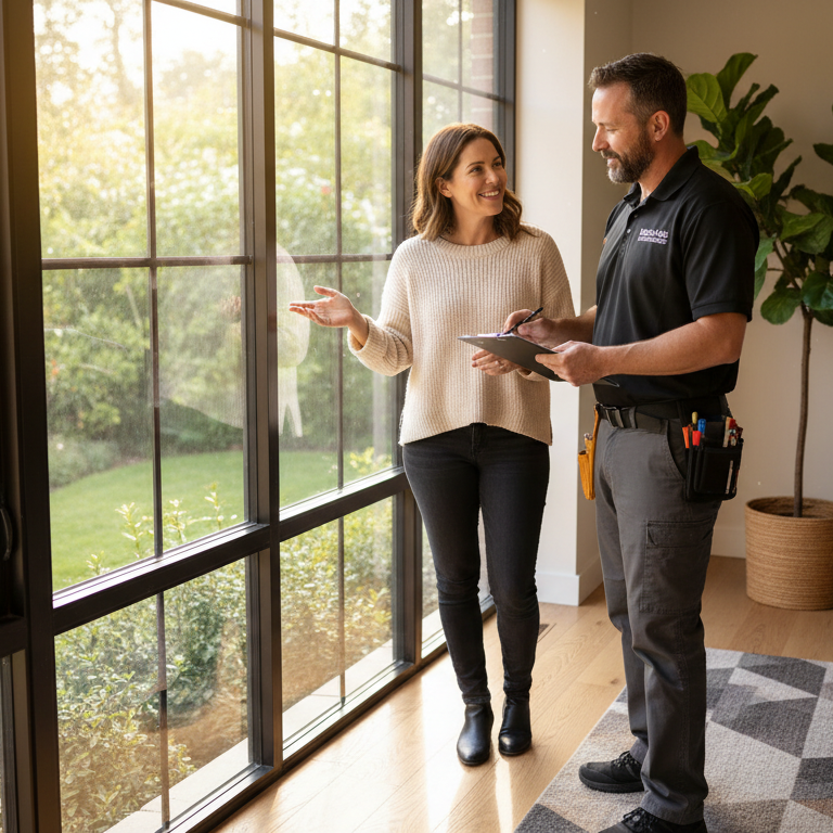 Window and door replacement specialist discussing installation options with a homeowner beside large glass windows