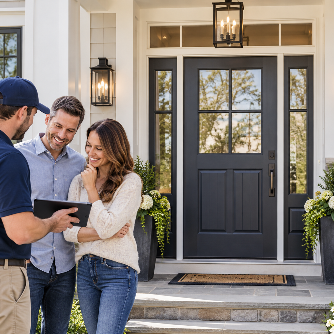 Contractor discussing door replacement options with homeowners outside a home featuring a black front entry door.