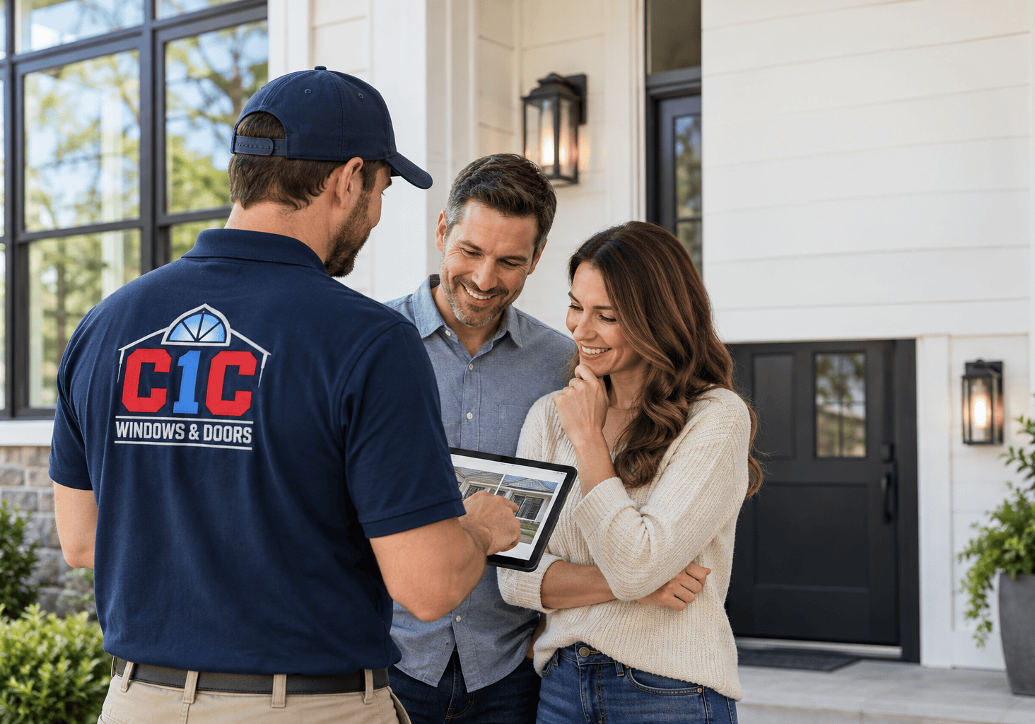 C1C team member speaking with homeowners for window and door company reviews