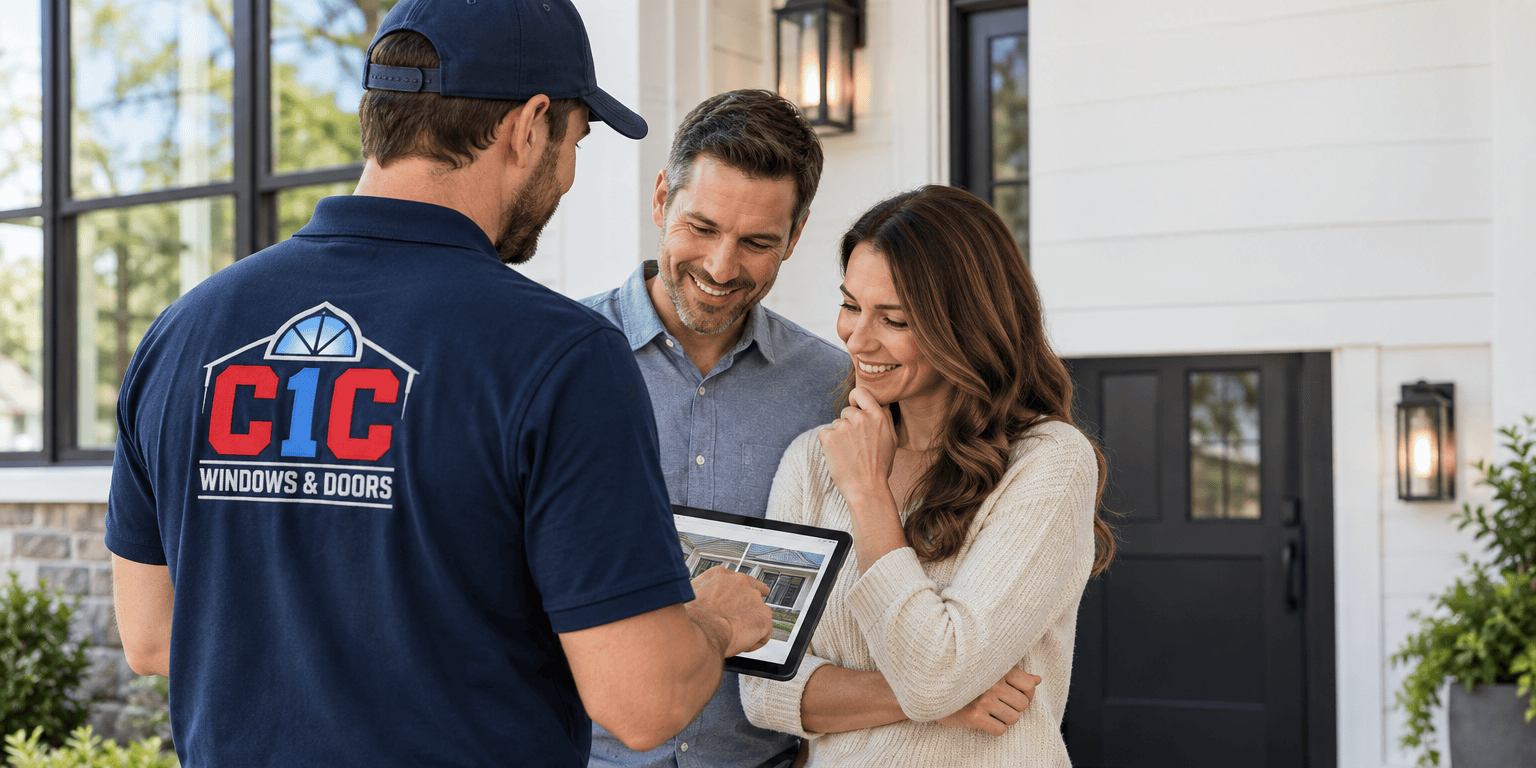C1C team member speaking with homeowners for window and door company reviews