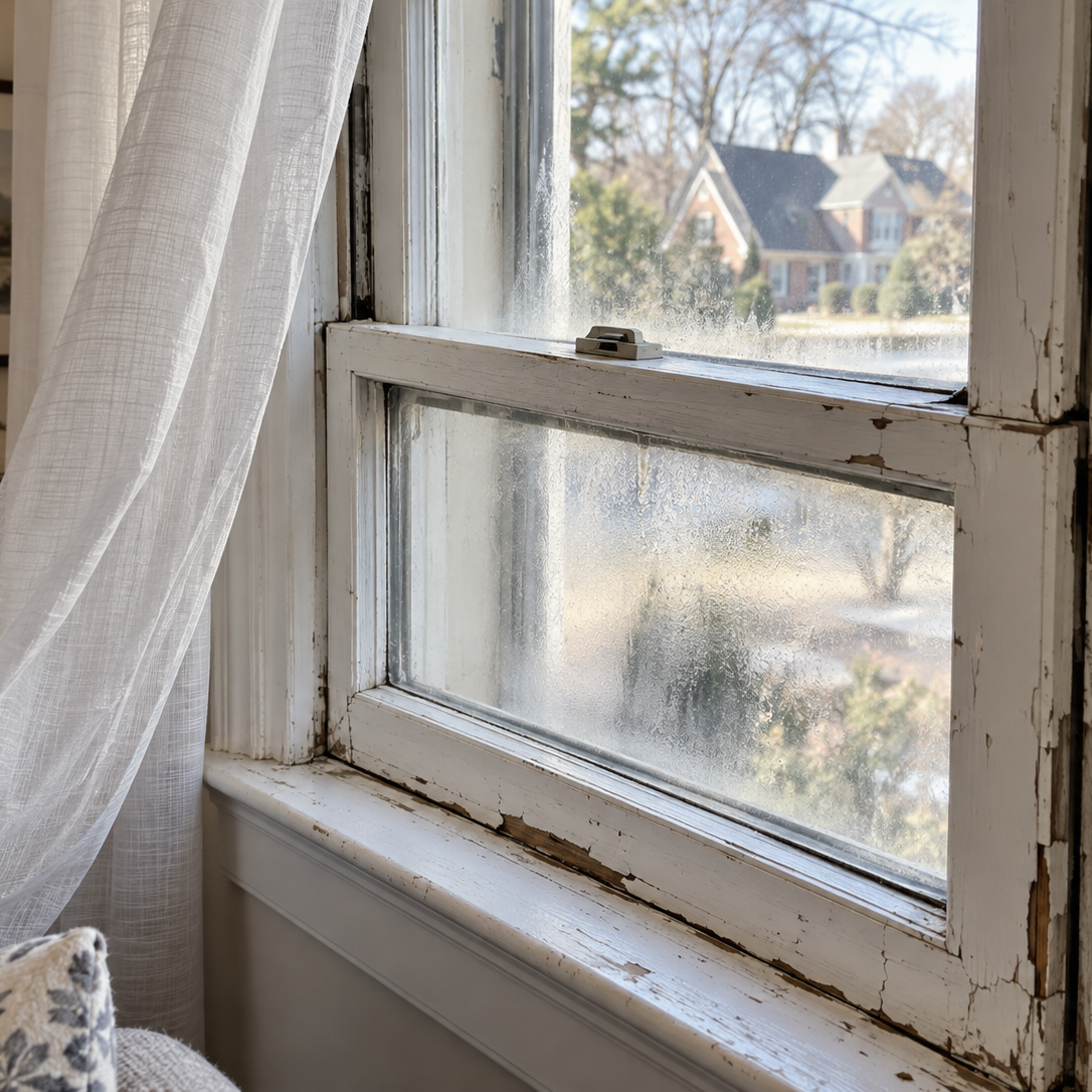 Aging wooden window with condensation between glass panes and deteriorating frames indicating the need for window replacement.