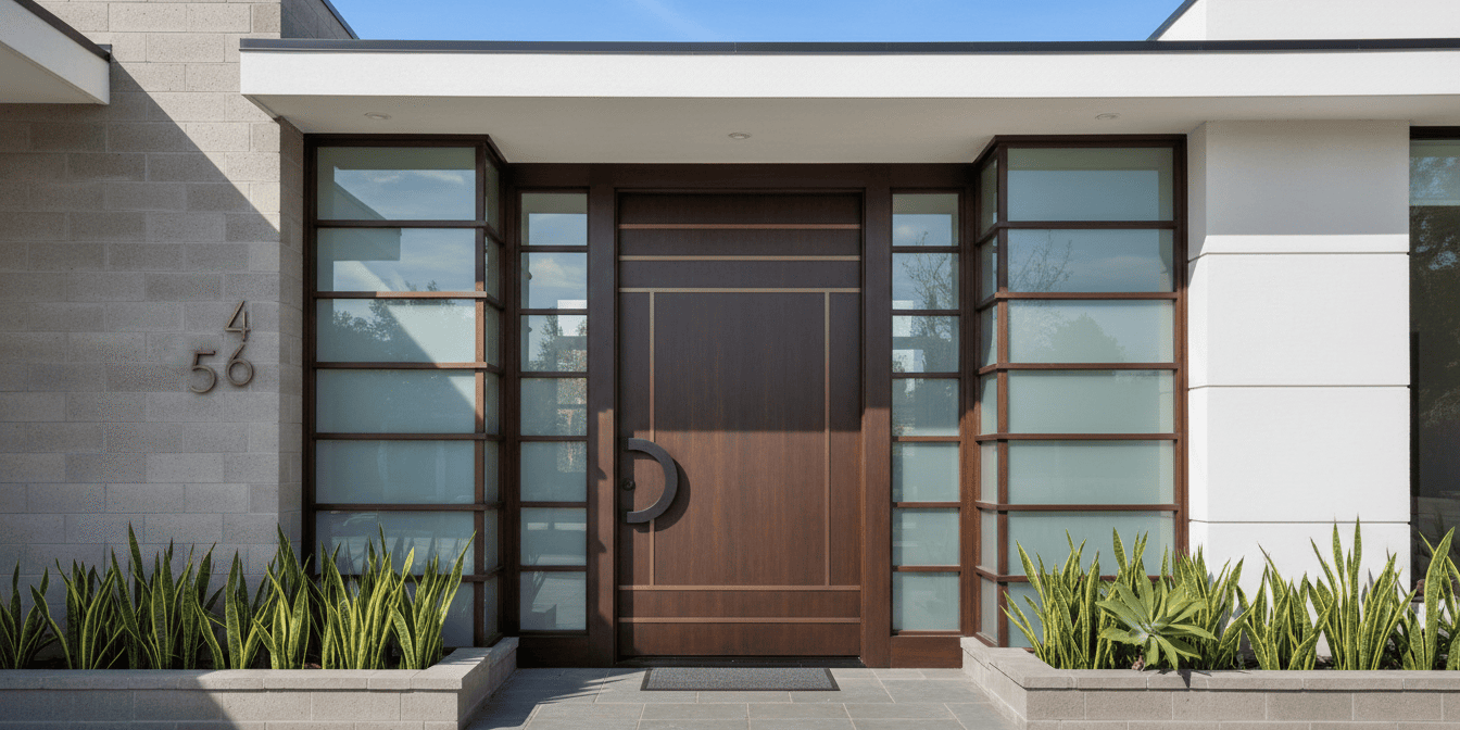 Modern home entrance featuring a contemporary front door and glass sidelights for window and door replacement