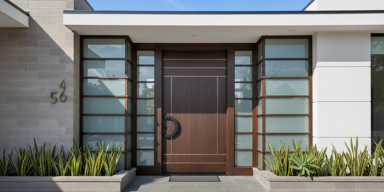 Modern home entrance featuring a contemporary front door and glass sidelights for window and door replacement