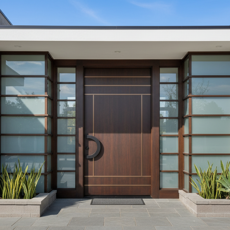 Modern home entrance featuring a contemporary front door and glass sidelights for window and door replacement